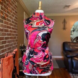 Mascara Pink Orange VTG Y2K Floral Smocked Mock Neck Sleeveless  XL